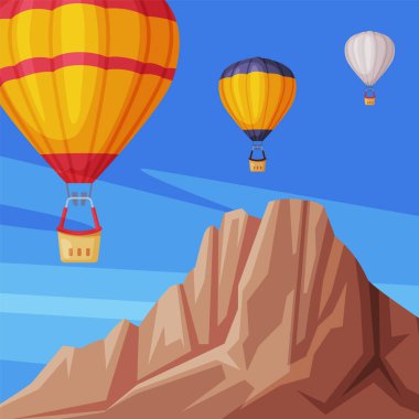 Mavi Gökte Uçan Sıcak Hava Balonları Altında Dağ Zirvesi Gösterimi
