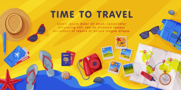 Travel Time with Tourism Attribute Like Map, Camera and Backpack Vector Background — Stock Vector