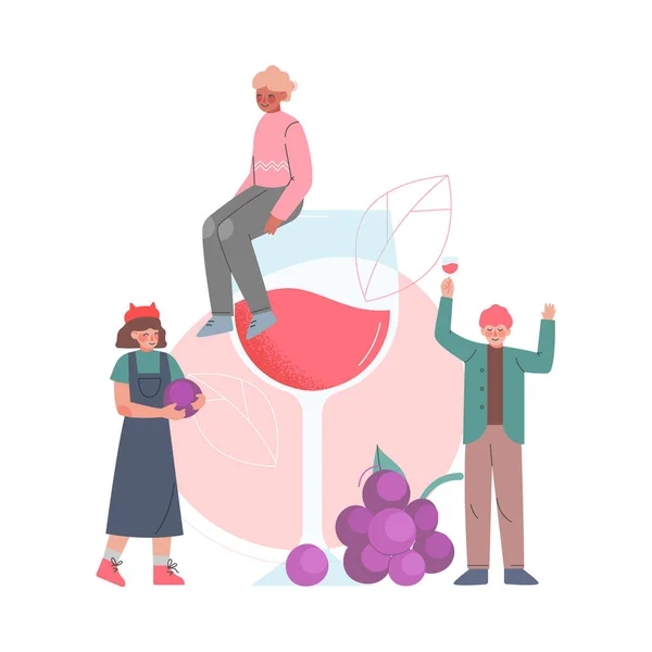 Vrienden Drinken Wijn, Kleine Man Zittend op Enorme Wijnglas Cartoon Style Vector Illustratie — Stockvector
