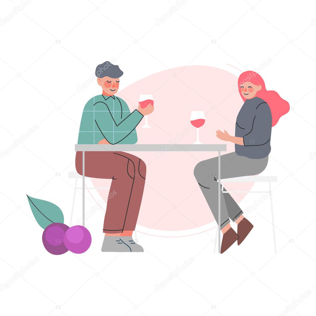 Young Man and Woman Sitting at Table and Drinking Wine, Couple in Love on Date Cartoon Style Vector Illustration