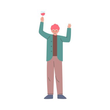 Şarap İçen Genç Adam Çizgi Film Stili Vektör İllüzyonu