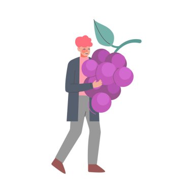Koca Üzümleri Taşıyan Genç Adam Çizgi Film Biçimi Vektör İllüstrasyonu