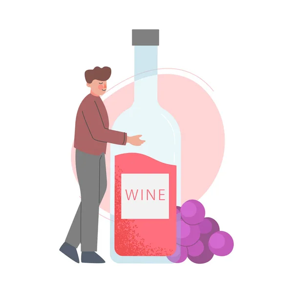 Young Man Hugging Huge Bottle of Wine Cartoon Style Vector Illustration — Stock Vector