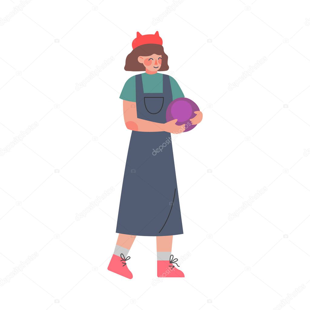 Woman Holding Freshly Picked Up Wine Grape Cartoon Style Vector Illustration