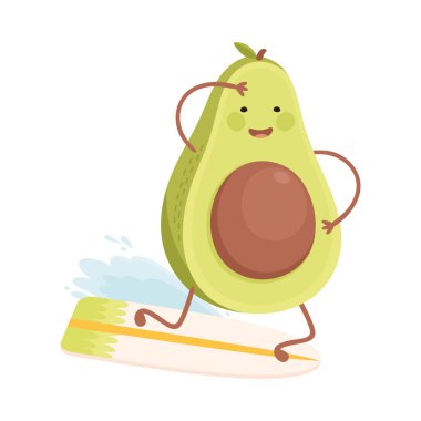 Şirin Avokado Sörfçü Dalgalar, Spor Yapan Komik Meyve Karakteri, Sağlıklı Yeme ve Yaşam Tarzı, Fitness Konsepti Çizgi Film Tarzı Vektör İlülasyonu