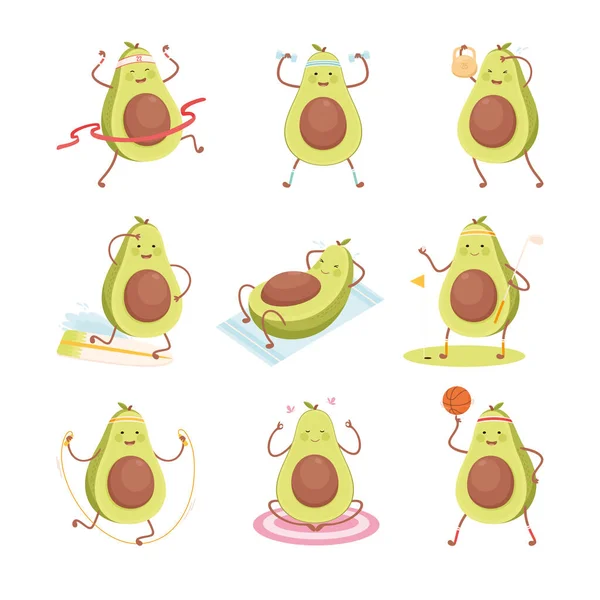 Χαριτωμένο Avocado κάνει ασκήσεις φυσικής κατάστασης που, Αστεία χαρακτήρα φρούτων κάνει σπορ, υγιεινή διατροφή και τον τρόπο ζωής, Fitness Concept Cartoon Style Εικονογράφηση διάνυσμα — Διανυσματικό Αρχείο