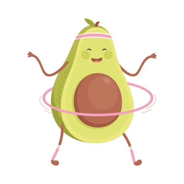 Aranyos Avocado csinál Fitness gyakorlatok hula karika, vicces gyümölcs karakter csinál sport, egészséges táplálkozás és életmód, fitness koncepció rajzfilm stílus vektor illusztráció — Stock Vector