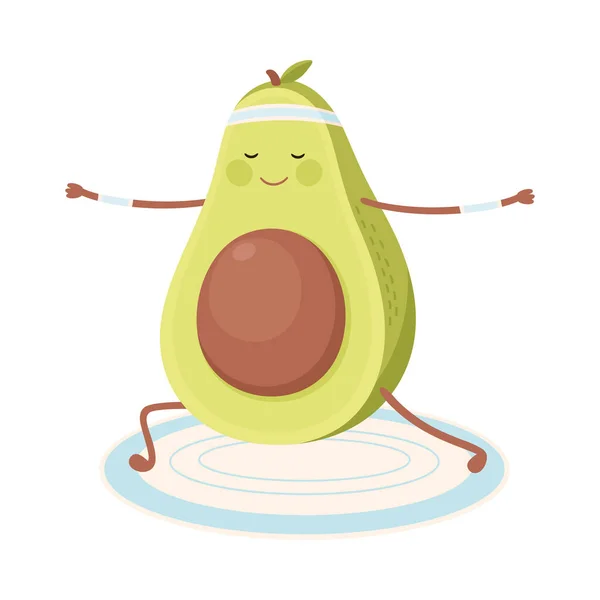 Симпатичный авокадо, забавный фруктовый персонаж, занимающийся спортом, здоровое питание и вектор стиля — стоковый вектор