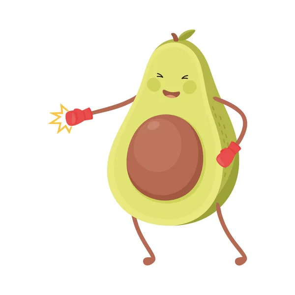 Aranyos Avocado Boxing kesztyű, Vicces gyümölcs karakter csinál Sport, egészséges táplálkozás és életmód, Fitness koncepció Rajzfilm stílus vektor illusztráció — Stock Vector