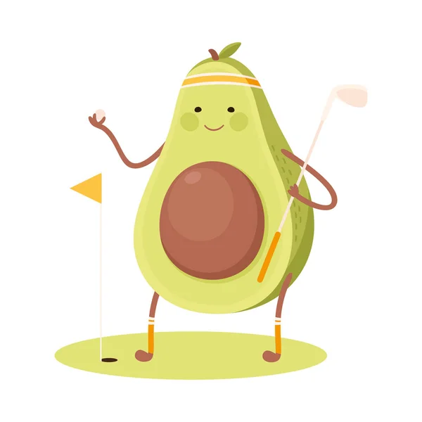 Симпатичный авокадо, играющий в гольф, забавный фруктовый персонаж, занимающийся спортом, здоровое питание и здоровый образ жизни, вектор стиля мультфильма — стоковый вектор