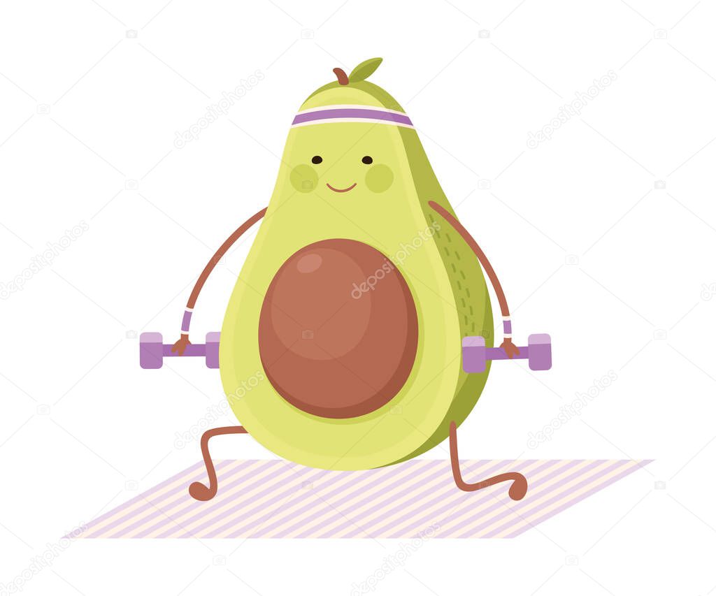 Cute Avocado Exercising with Dumbbells, Funny Fruit Character Doing Sports, Healthy Eating and Lifestyle, Fitness Concept Cartoon Style Vector Illustration