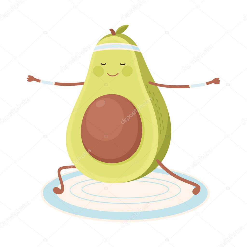 Cute Avocado Doing Yoga, Funny Fruit Character Doing Sports, Healthy Eating and Lifestyle, Fitness Concept Cartoon Style Vector Illustration
