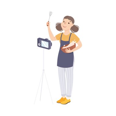 Blogger Girl, kendi kanalı Sosyal Medya Ağı Çizgi Film Çizgi Filmi Çizim Vektörü İllüzyonu 'nda Yeni Tarif, Blog, Yemek Yazarlığı, Canlı Yayın Videosu Yapmayı Öğretiyor