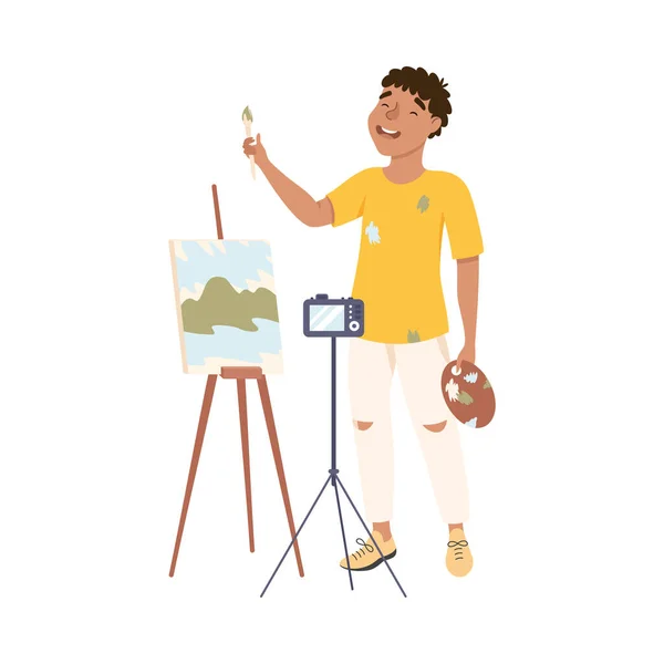 Malíř Blogger malování na plátno a nahrávání videa pomocí fotoaparátu pro jeho Online Video Channel, Blogování, Sociální sítě koncepce Cartoon Style Vector Illustration — Stockový vektor