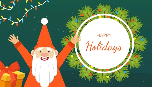 Happy Holidays Banner Template com bonito Gnome engraçado feliz com presentes, Natal feriados fundo, cartão, publicidade Poster Vector Ilustração — Vetor de Stock