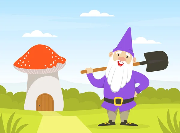 Cute Gnome Standing with Shovel next Mushroom House, Funny Fairy Tale Dwarf on Summer Landscape Vector Illustration — Stock Vector