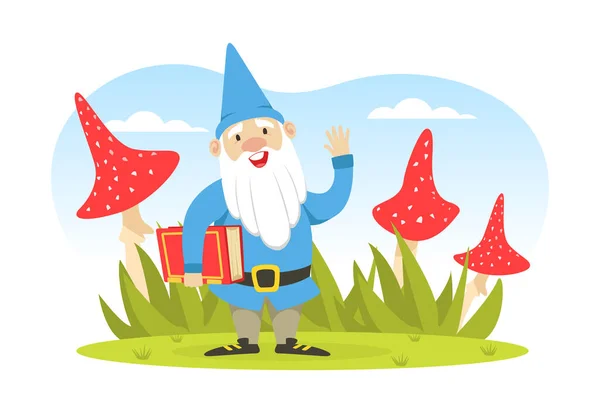 Carino Gnome Holding Book, Divertente fiaba nano agitando la mano sullo sfondo di volare Agarici vettoriale illustrazione — Vettoriale Stock