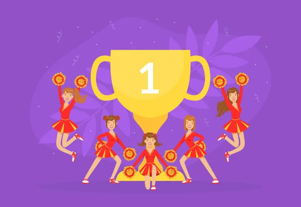 Equipo de porristas con Golden Winner Cup, chicas fans en uniforme rojo bailando junto con Pom Poms Vector Illustration — Archivo Imágenes Vectoriales