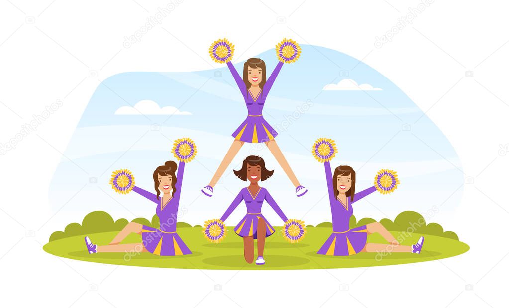 Cheerleading Team Dancing Together with Pom Poms, Fans Girls in Purple Uniform Making Pyramid on Football Stadium Outdoors Vector Illustration
