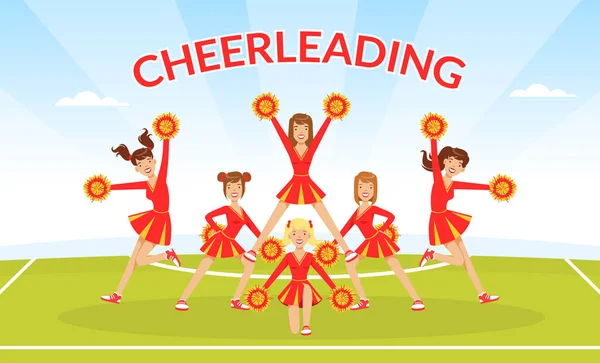 Cheerleading Banner Template, Team of Girls Dancing Together with Pom Poms, Fans Girls in Red Uniform Performing on Football Stadium Outdoors Vector Illustration — Stock Vector