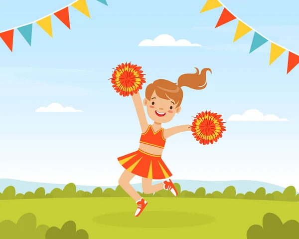 Chica animadora bailando con pompones, chica fan en uniforme rojo actuando en estadio de fútbol al aire libre Dibujos animados Vector Ilustración — Vector de stock