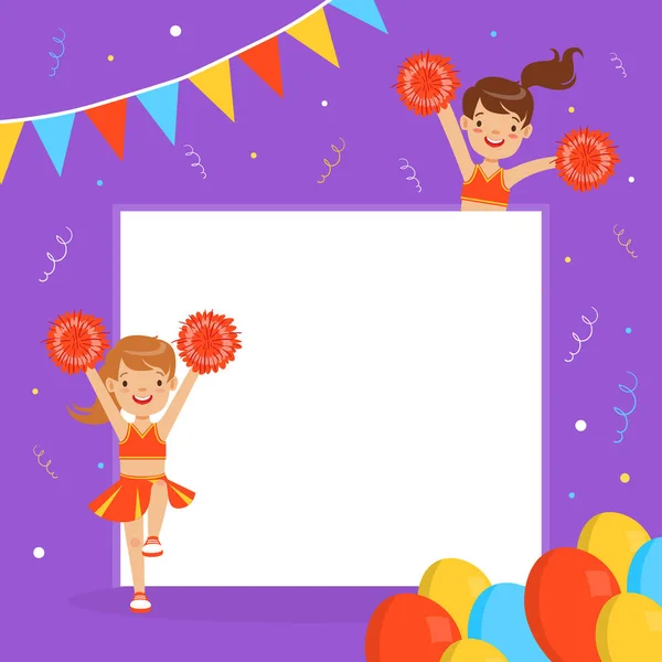 Cheerleader Girls with Blank Banner, Fan Girls in Red Uniform Dancing with Pom Poms, Fundo, Cartão, Cartão Design Desenho animado Estilo Vector Ilustração — Vetor de Stock