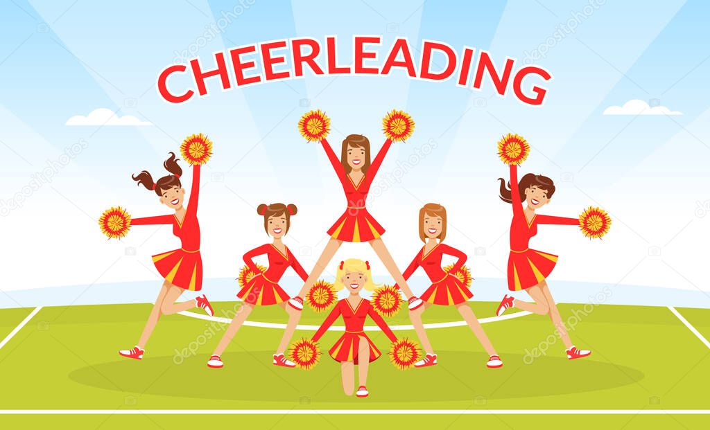 Cheerleading Banner Template, Team of Girls Dancing Together with Pom Poms, Fans Girls in Red Uniform Performing on Football Stadium Outdoors Vector Illustration