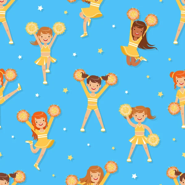 Animadora chica bailando con pompones patrón sin costuras, Happy Funs Girls en uniforme se puede utilizar para la tela, Papel pintado, Papel de envolver, Textil, Diseño de fondo Vector Ilustración — Vector de stock