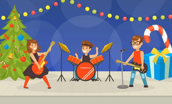 Çocuklar Noel Tatillerinde Müzik Çalıyor ve Şarkı Söylüyor, Çocuk Müzik Grubu Sahne Çizgi Filmi Vektör İllüzyonu Üzerine Sahne Algılıyor — Stok Vektör