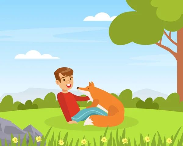 Şirin Çocuk Yeşil Çim 'de Fox' la oynuyor, Çocuk Hayvanat Bahçesinde Hayvanat Bahçesinde Hayvanlarla Etkileşiyor Çizgi Roman Vektör Resimleri — Stok Vektör
