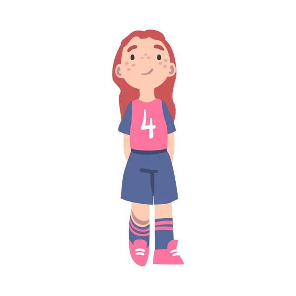 Personnage mignon de joueur de football d'enfant, Petite fille en uniforme de sport jouant au football, Activité sportive scolaire, Illustration vectorielle de style dessin animé de concept d'académie de football — Image vectorielle