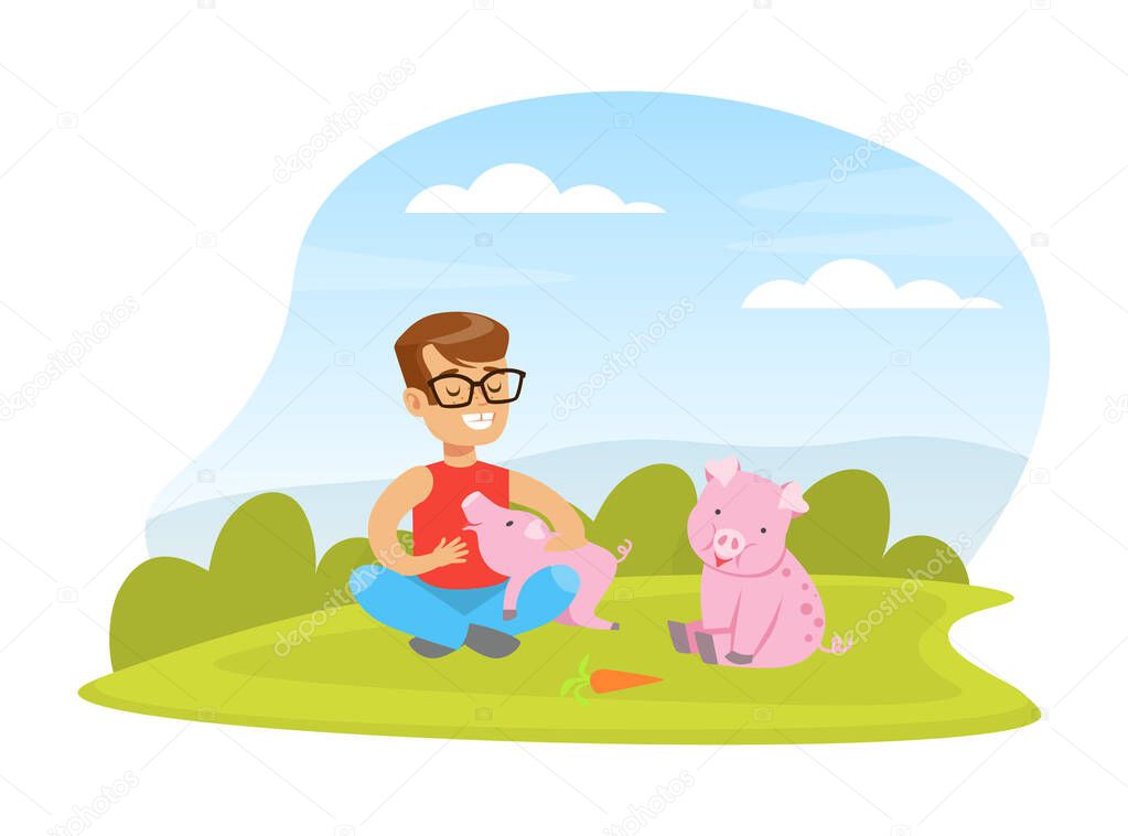 Cute Boy Playing with Little Pigs on Farm Yard, Kid Interacting with Animal in Petting Zoo Cartoon Vector Illustration