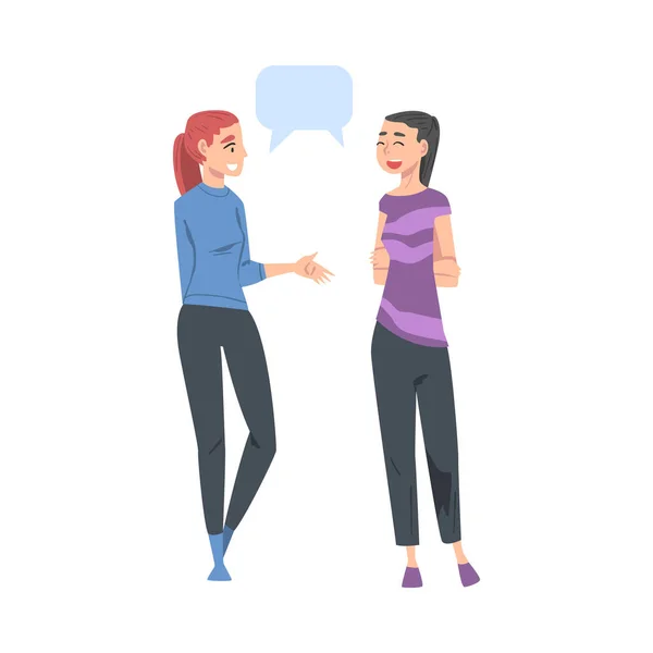 Две девушки разговаривают друг с другом с помощью речевых пузырьков, друзей или коллег сплетничая, делясь впечатлениями — стоковый вектор