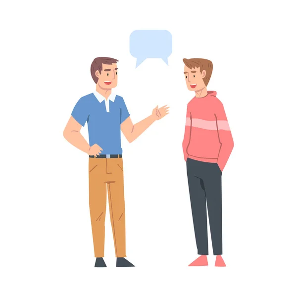 Twee jonge mannen praten met spraakbubbels, vrienden of collega 's roddelen, delen van impressies Cartoon Style Vector Illustratie — Stockvector
