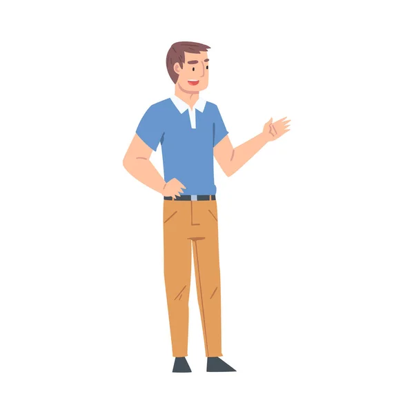 Hombre hablando con alguien y haciendo gestos, chico hablando o compartiendo impresiones Dibujos animados Estilo Vector Ilustración — Vector de stock