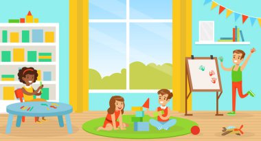 Anaokulunda ya da okulda Tatlı Çocuklar Oynuyor, Öğreniyor ve Çiziyor, Erken Gelişim Konsepti Çizim Vektörü İllüstrasyonu