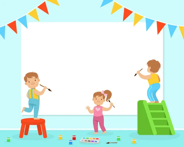 ( 영어 ) Cute Children Painting on Large Poster at Kingarten or School, Early Development Concept Cartoon Vector Illustration — 스톡 벡터