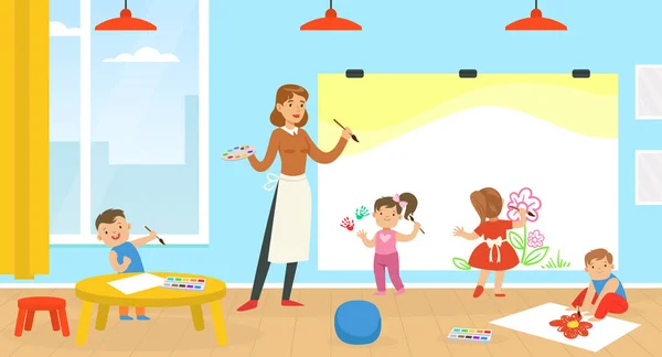 Teacher Teaching Kids to Paint, Children Painting at Kindergarten or School, Early Development Concept Vector Illustration — Stock Vector