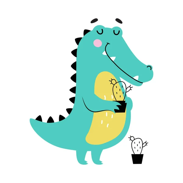 Niedliche Krokodil Holding Kaktus in Blumentopf, Lustige Alligator Predator Animal Character Cartoon Stil Vektor Illustration — Stockvektor