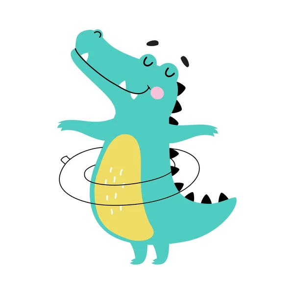 Cocodrilo sonriente lindo con anillo inflable, Divertido cocodrilo depredador personaje animal Dibujos animados estilo Vector ilustración — Archivo Imágenes Vectoriales