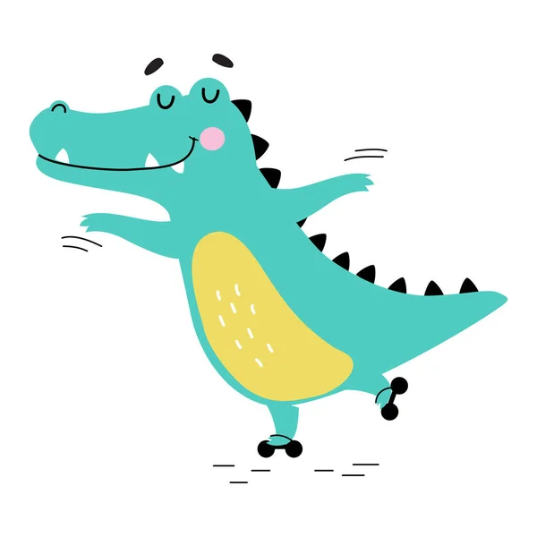 Cute Crocodile Rollerblading, Funny Alligator Predator Animal Character Cartoon Style Vector Illustration — Stock Vector