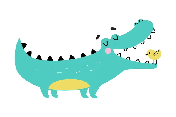 Crocodilo bonito com pássaro na boca aberta larga, Engraçado jacaré predador personagem animal Desenhos animados estilo Vector Ilustração — Vetor de Stock