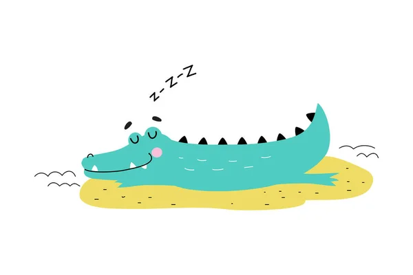 Cute Crocodile Sleeping on the Beach, Funny Alligator Predator Animal Character Cartoon Style Vector Illustration — Stock Vector