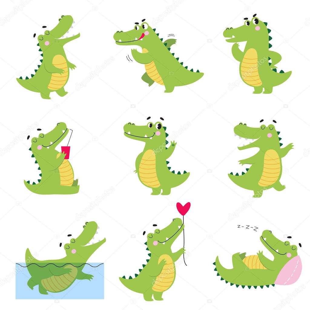 Cute Funny Crocodiles in Different Situations Set, Funny Alligator Green Predator Animal Character Cartoon Style Vector Illustration