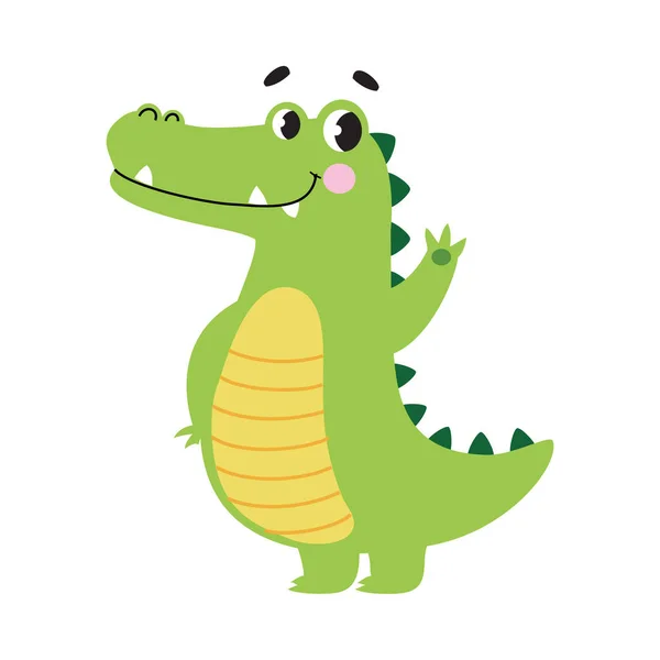 Cute Crocodile Waving its Paw, Funny Alligator Predator Green Animal Character Cartoon Style Vector Illustration — 스톡 벡터