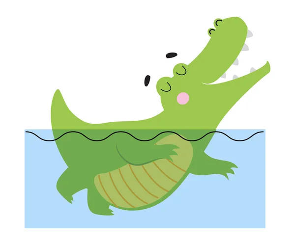 Cute Happy Crocodile Swimming in Water, Funny Alligator Predator Green Animal Character Cartoon Style Vector Illustration — Stock Vector