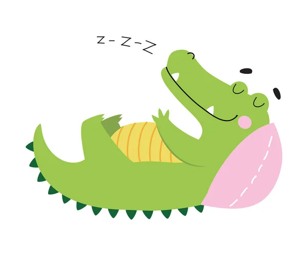 Cute Crocodile Sleeping on Pillow, Funny Alligator Predator Green Animal Character Cartoon Style Vector Illustration — Stock Vector