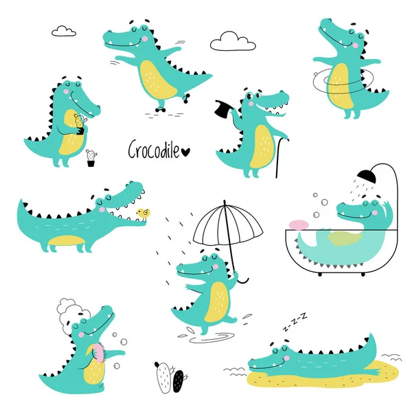 Cute Crocodiles in Different Situations Set, Funny Alligator Predator Animal Character Cartoon Style Vector Illustration — Stock Vector