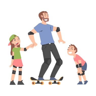 Baba çocuklarıyla kaykay yapıyor, mutlu baba ve çocuğu çizgi film stili illüstrasyonunda birlikte vakit geçiriyorlar.