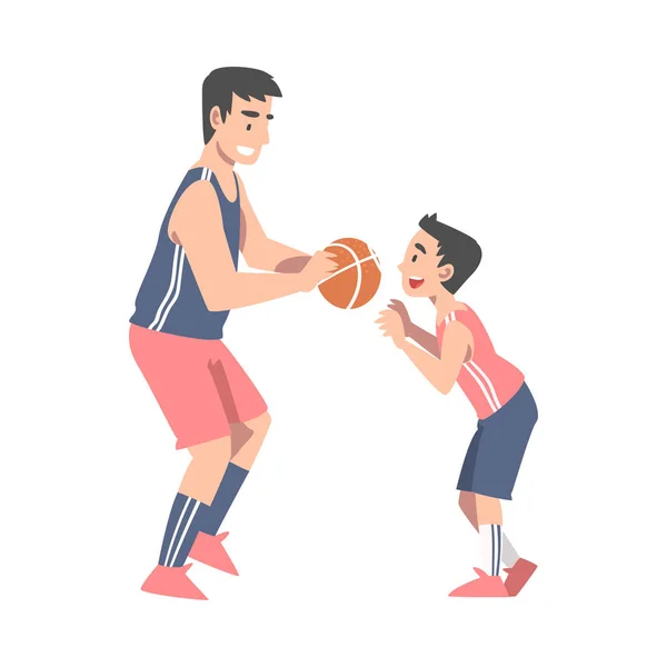 父と息子はバスケットボールをしています,幸せな父と一緒に楽しい時間を持っている彼の子供漫画のスタイルベクトルイラスト — ストックベクタ